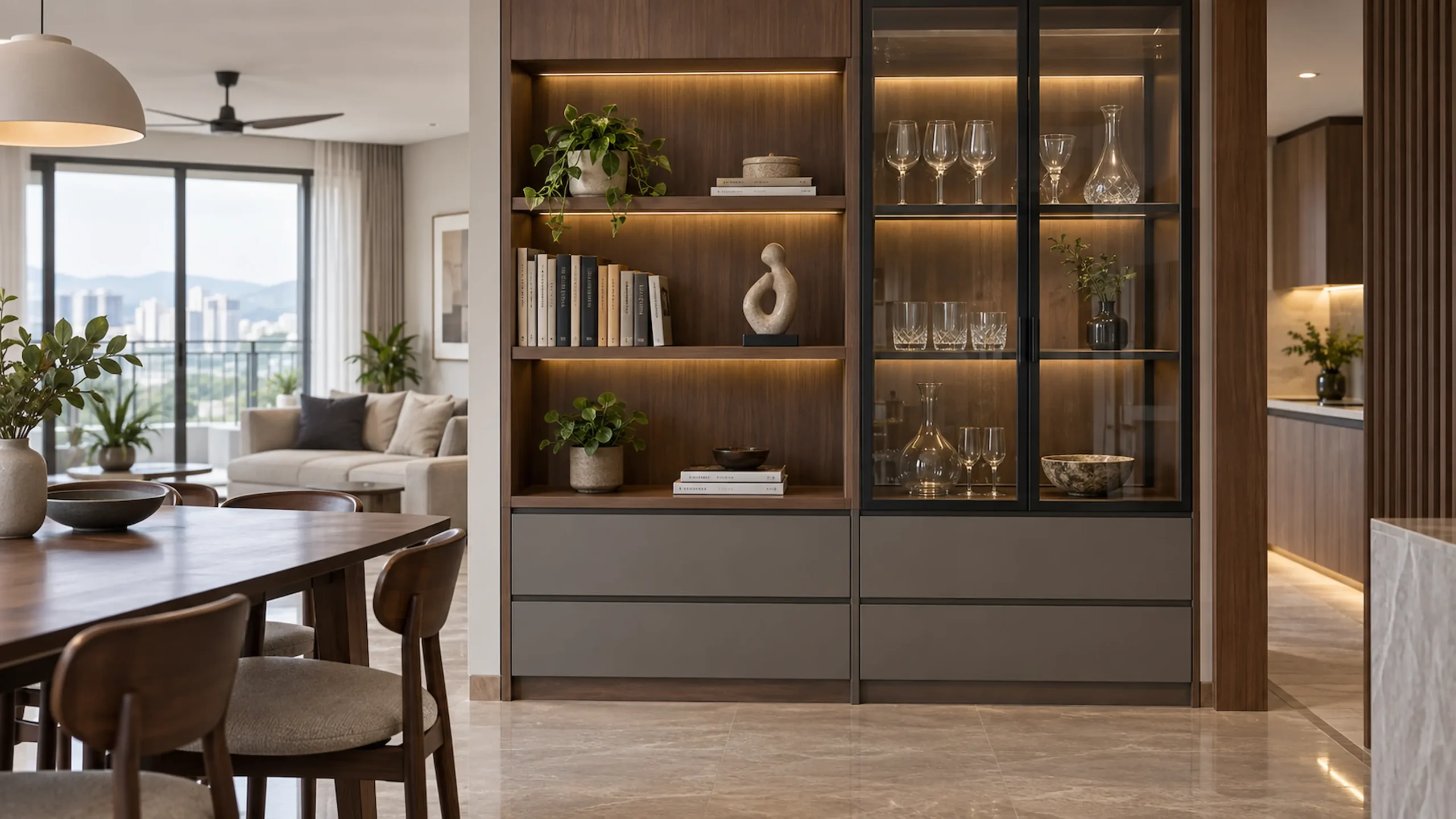Display Cabinet Malaysia glass and open shelves